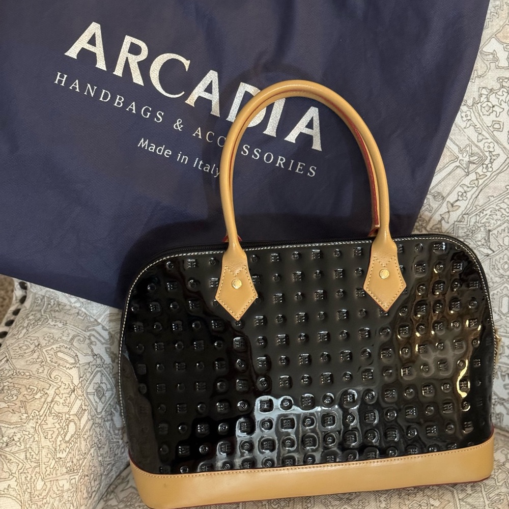 Arcadia Bugatti Italian Black Patent Leather bag with dust bag